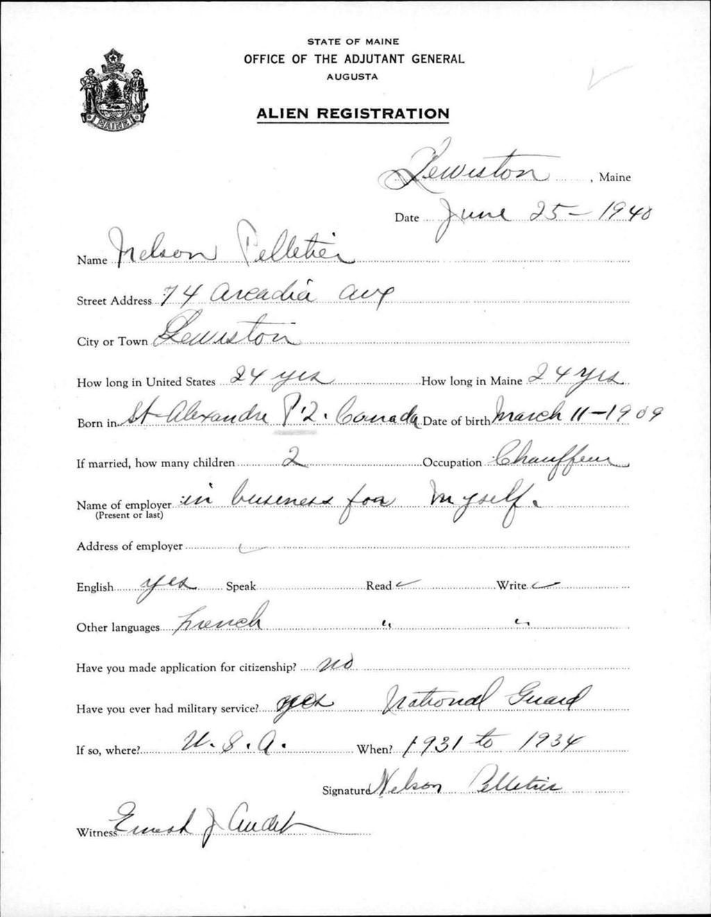 Miniature of Alien Registration- Pelletier, Nelson (Lewiston, Androscoggin County)