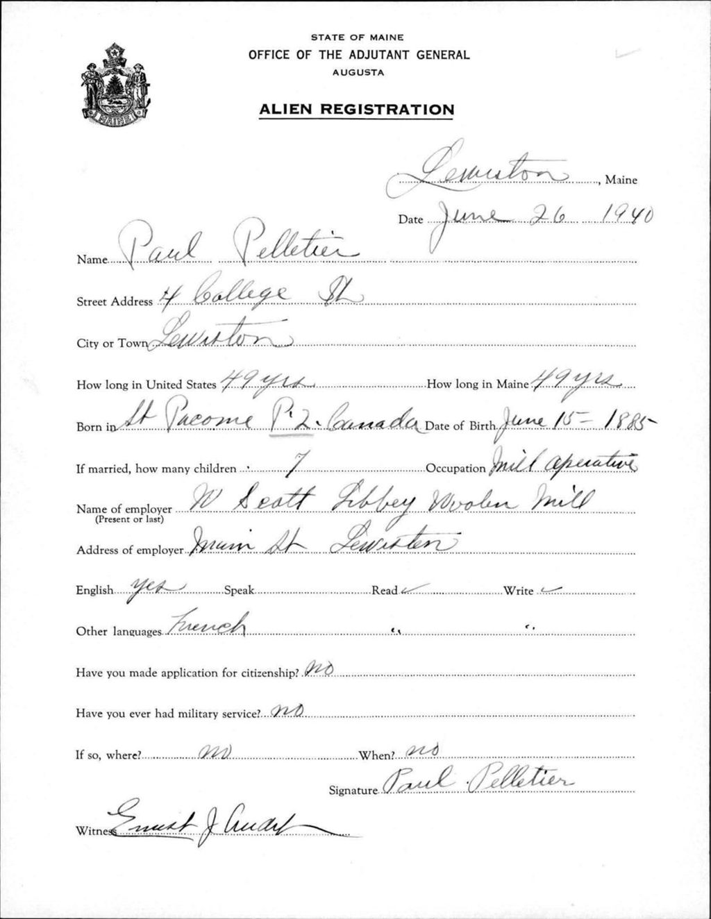 Miniature of Alien Registration- Pelletier, Paul (Lewiston, Androscoggin County)