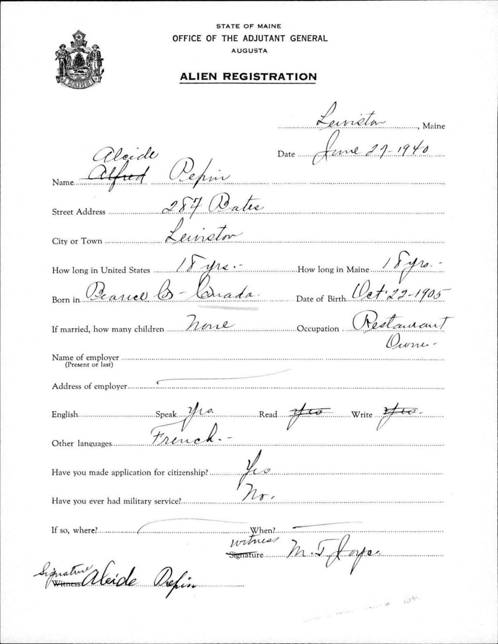 Miniature of Alien Registration- Pepin, Alcide (Lewiston, Androscoggin County)
