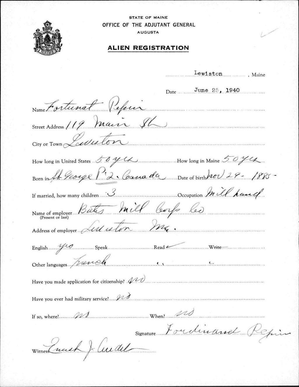 Miniature of Alien Registration- Pepin, Fortunat (Lewiston, Androscoggin County)