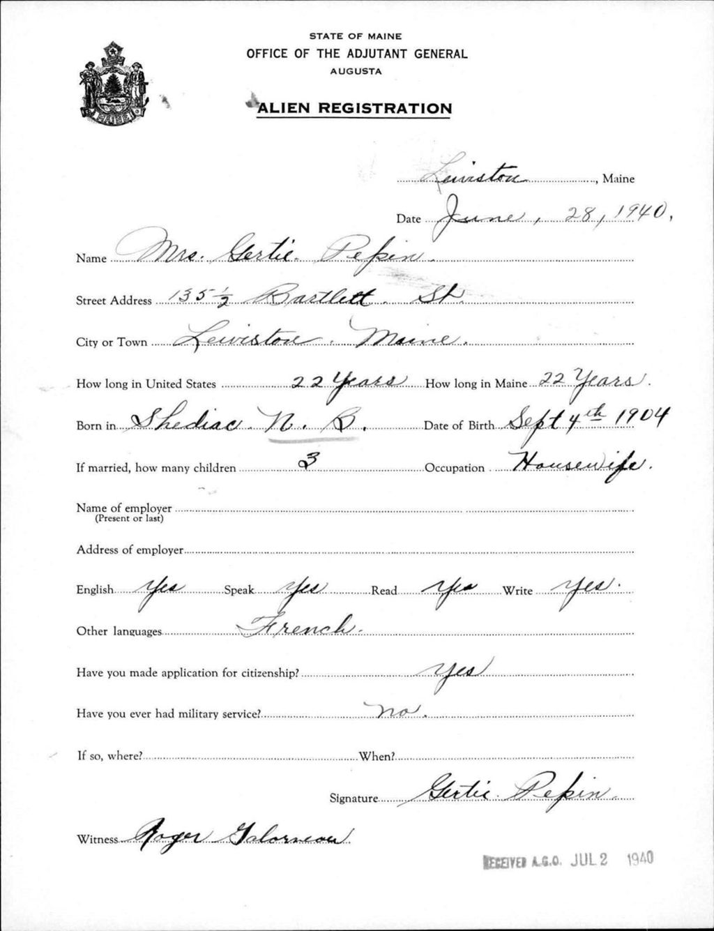 Miniature of Alien Registration- Pepin, Gertie (Lewiston, Androscoggin County)