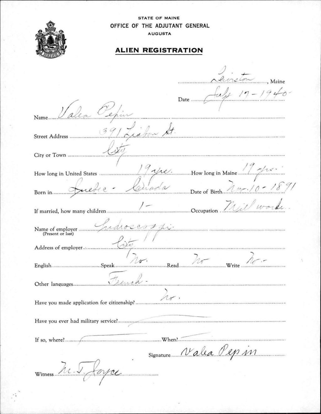Miniature of Alien Registration- Pepin, Valea (Lewiston, Androscoggin County)