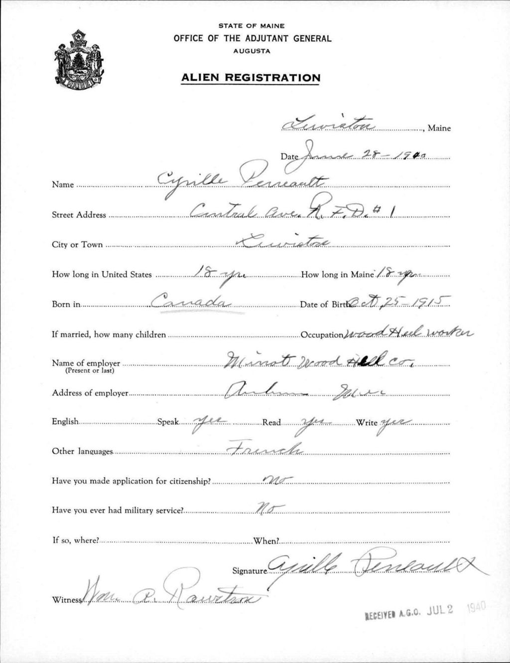 Miniature of Alien Registration- Perreault, Cyrille (Lewiston, Androscoggin County)