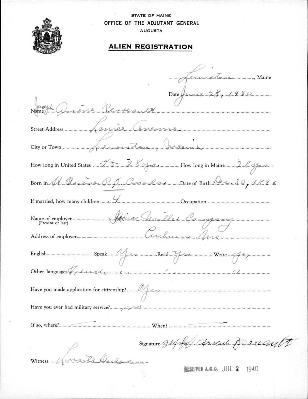 Miniature of Alien Registration- Perreault, Joseph A. (Lewiston, Androscoggin County)