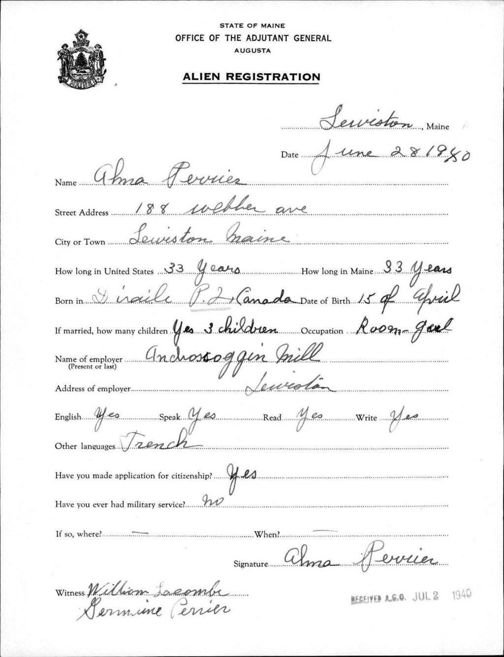 Miniature of Alien Registration- Perrier, Alma (Lewiston, Androscoggin County)