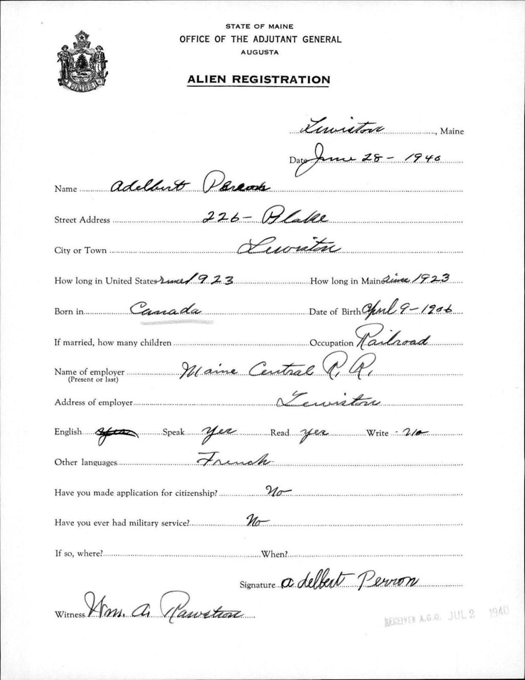 Miniature of Alien Registration- Perron, Adelbert (Lewiston, Androscoggin County)