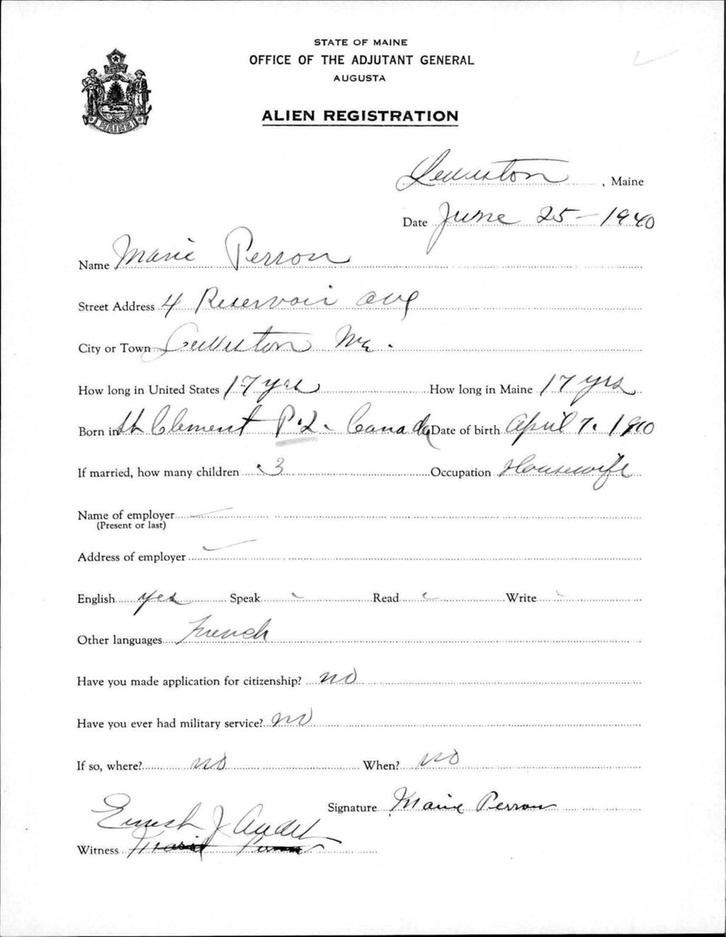 Miniature of Alien Registration- Perron, Marie (Lewiston, Androscoggin County)