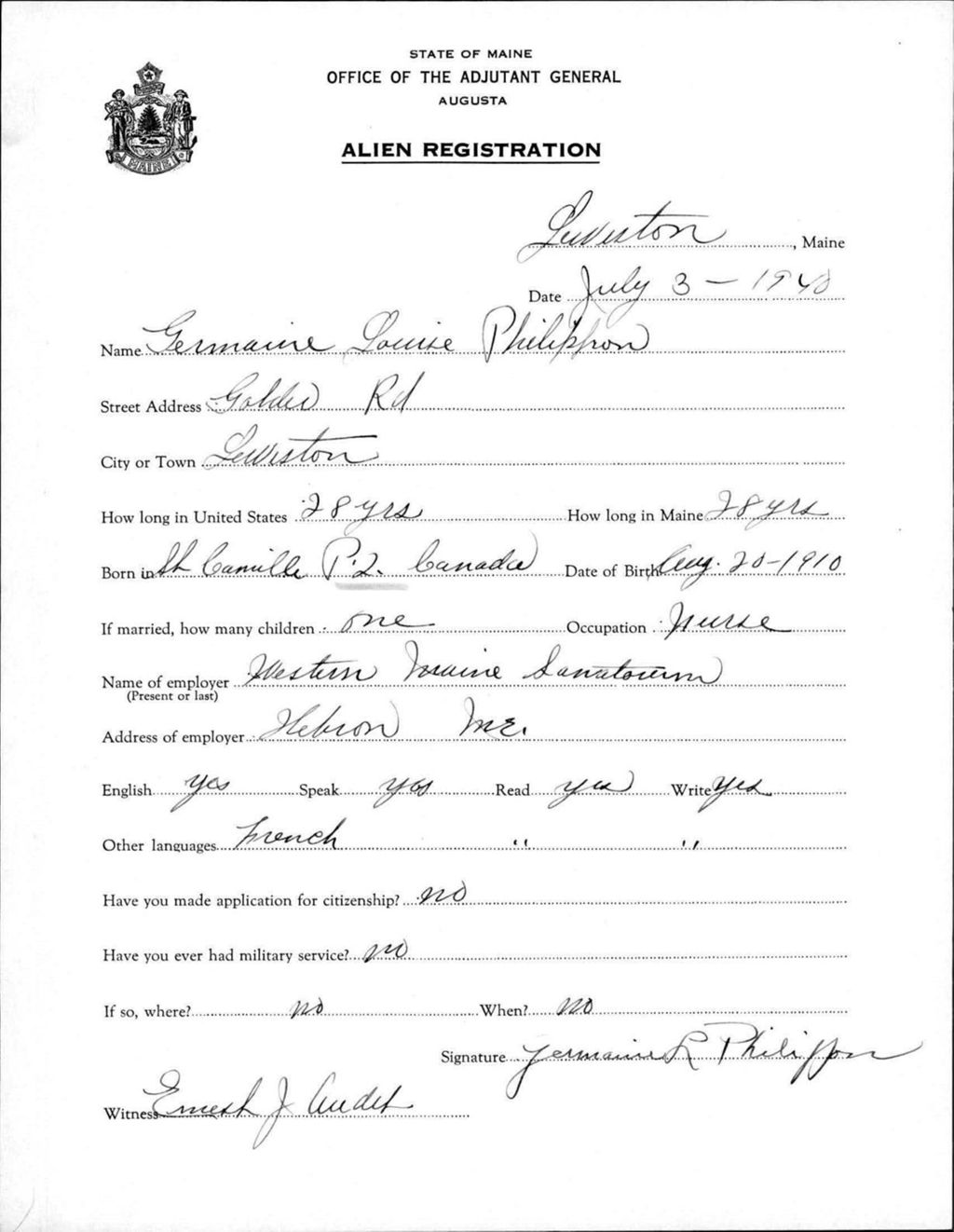 Miniature of Alien Registration- Philippon, Germaine L. (Lewiston, Androscoggin County)