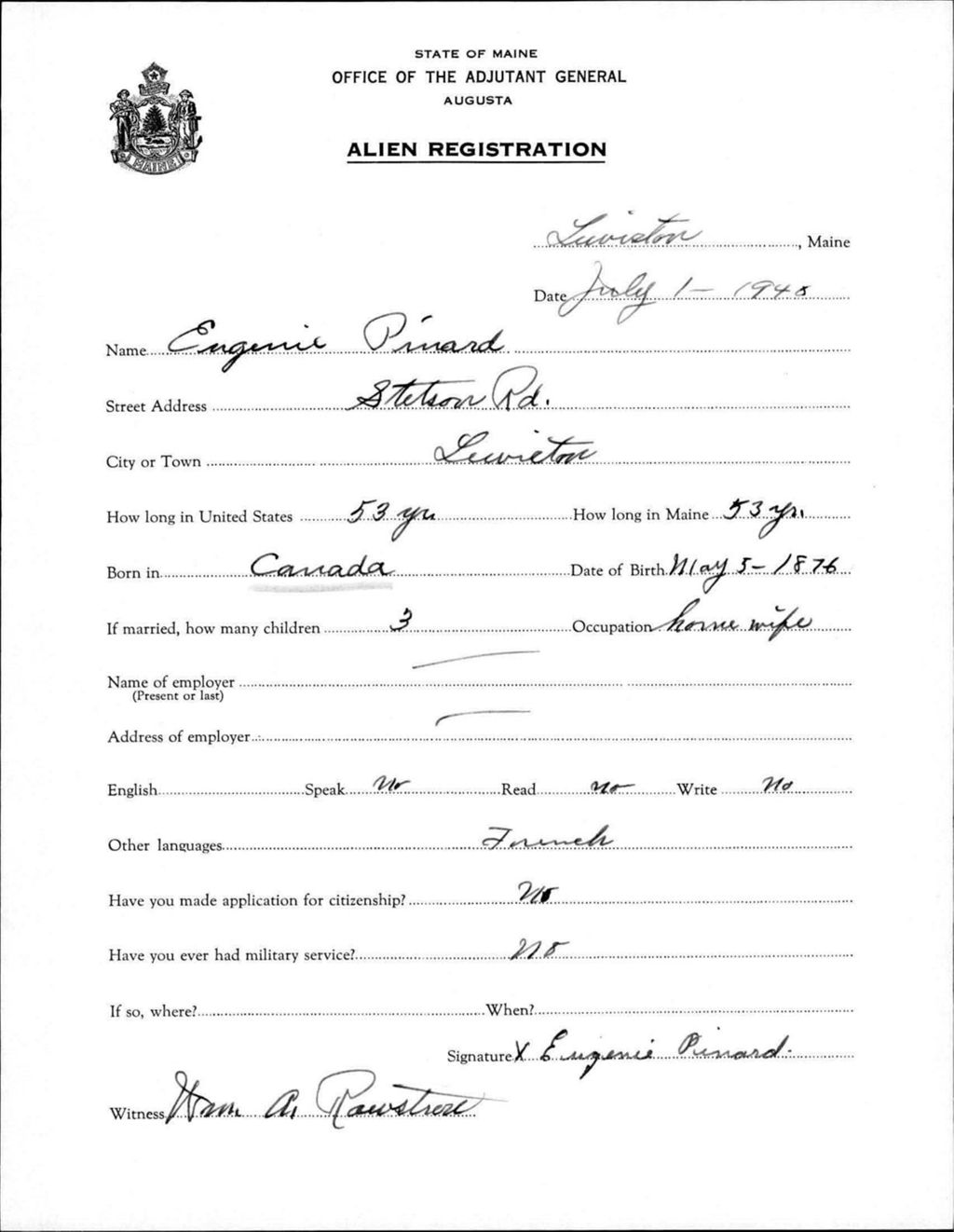 Miniature of Alien Registration- Pinard, Eugenie (Lewiston, Androscoggin County)