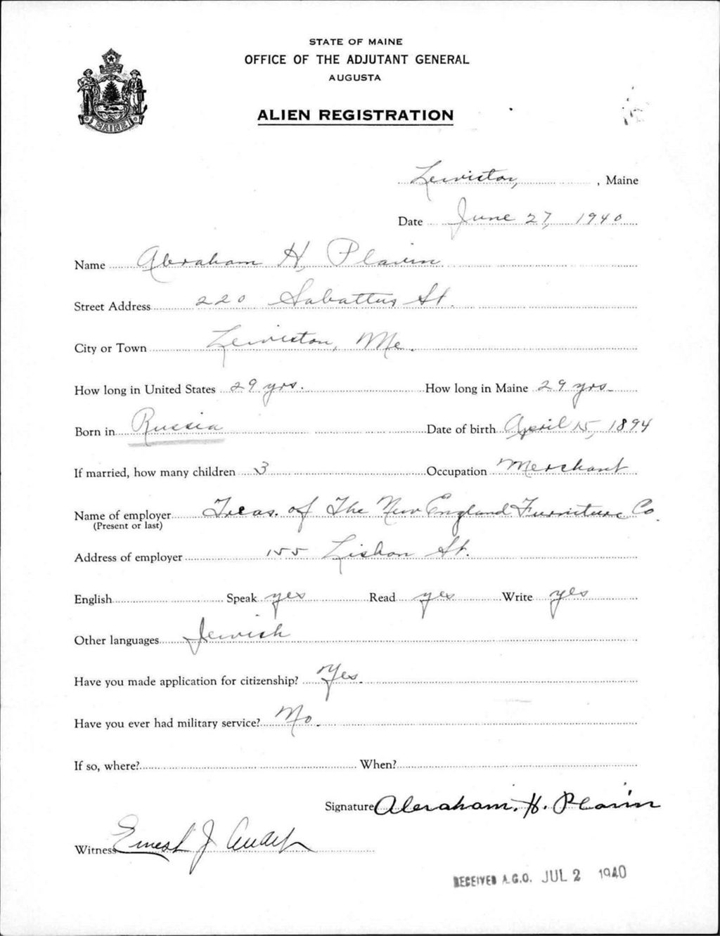 Miniature of Alien Registration- Plavin, Abraham H. (Lewiston, Androscoggin County)