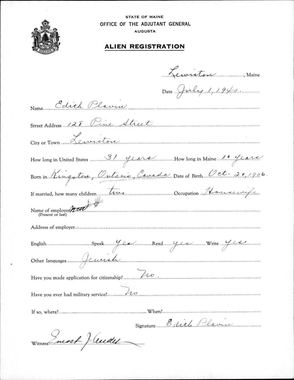 Miniature of Alien Registration- Plavin, Edith (Lewiston, Androscoggin County)