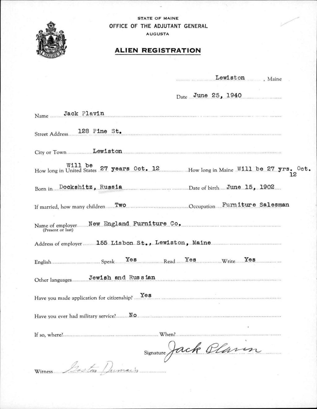 Miniature of Alien Registration- Plavin, Jack (Lewiston, Androscoggin County)