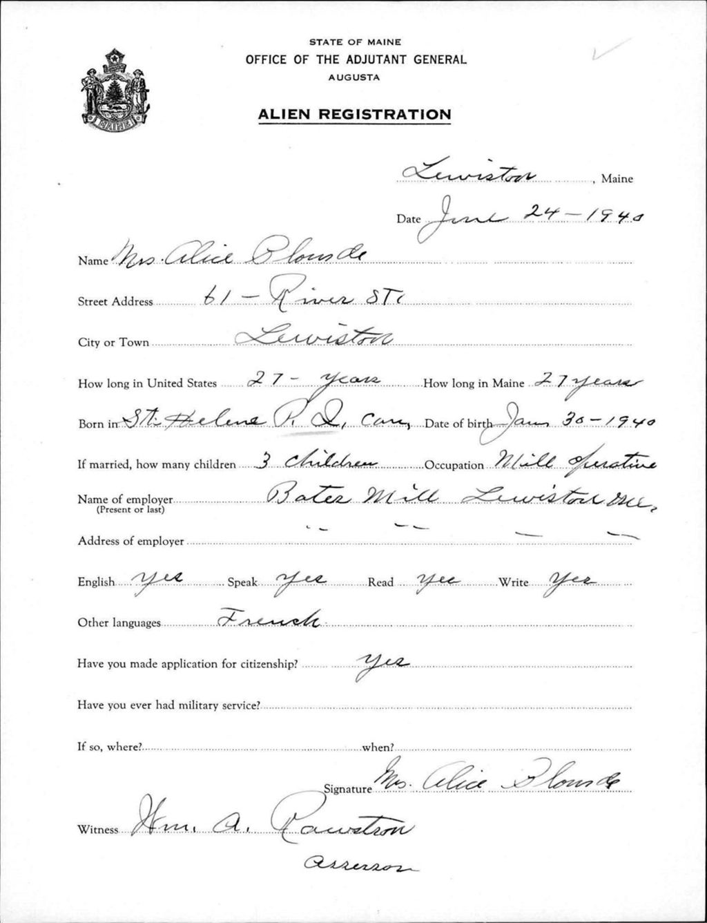 Miniature of Alien Registration- Plourde, Alice (Lewiston, Androscoggin County)