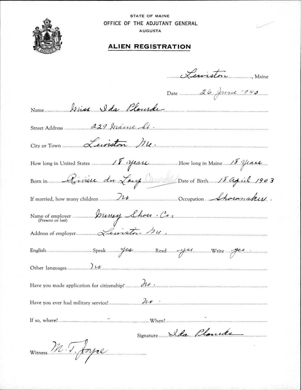 Miniature of Alien Registration- Plourde, Ida (Lewiston, Androscoggin County)