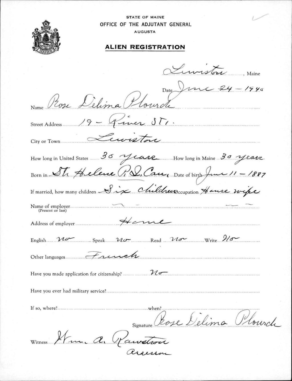 Miniature of Alien Registration- Plourde, Rose D. (Lewiston, Androscoggin County)