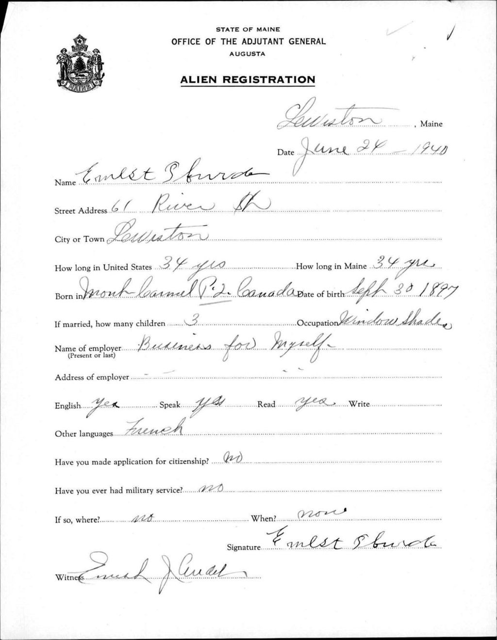 Miniature of Alien Registration- Plourde, Ernest (Lewiston, Androscoggin County)