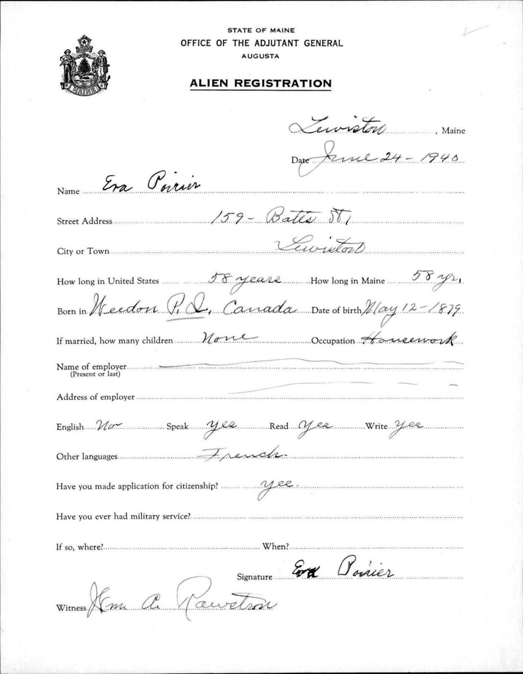 Miniature of Alien Registration- Poirier, Eva (Lewiston, Androscoggin County)