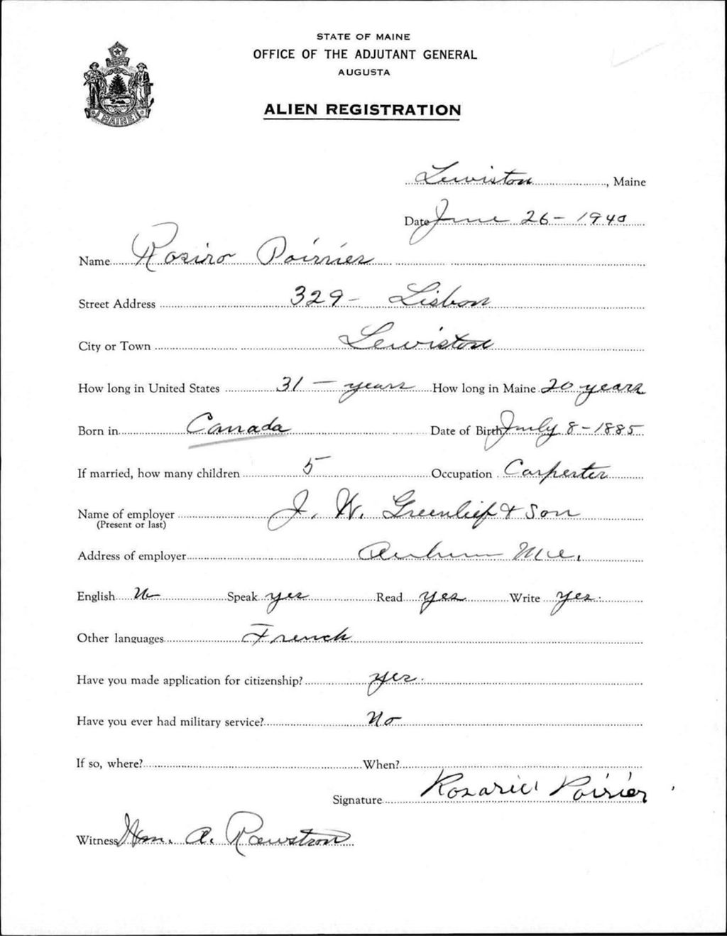Miniature of Alien Registration- Poirier, Rosiro (Lewiston, Androscoggin County)