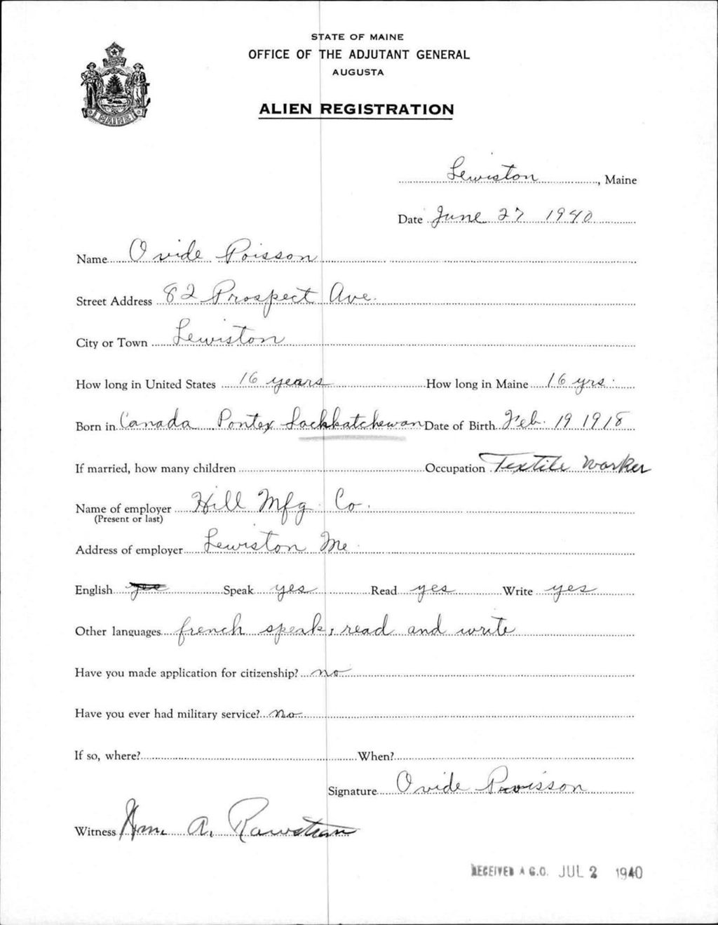 Miniature of Alien Registration- Poisson, Ovide (Lewiston, Androscoggin County)