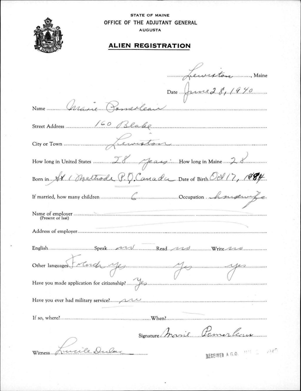Miniature of Alien Registration- Pomerleau, Marie (Lewiston, Androscoggin County)