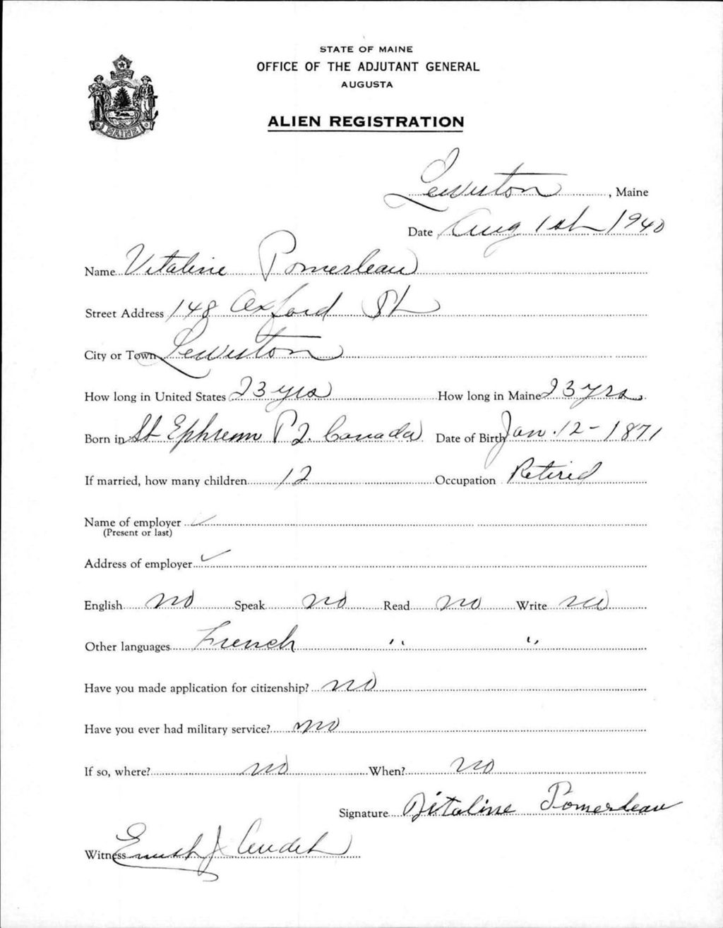 Miniature of Alien Registration- Pomerleau, Vitaline (Lewiston, Androscoggin County)