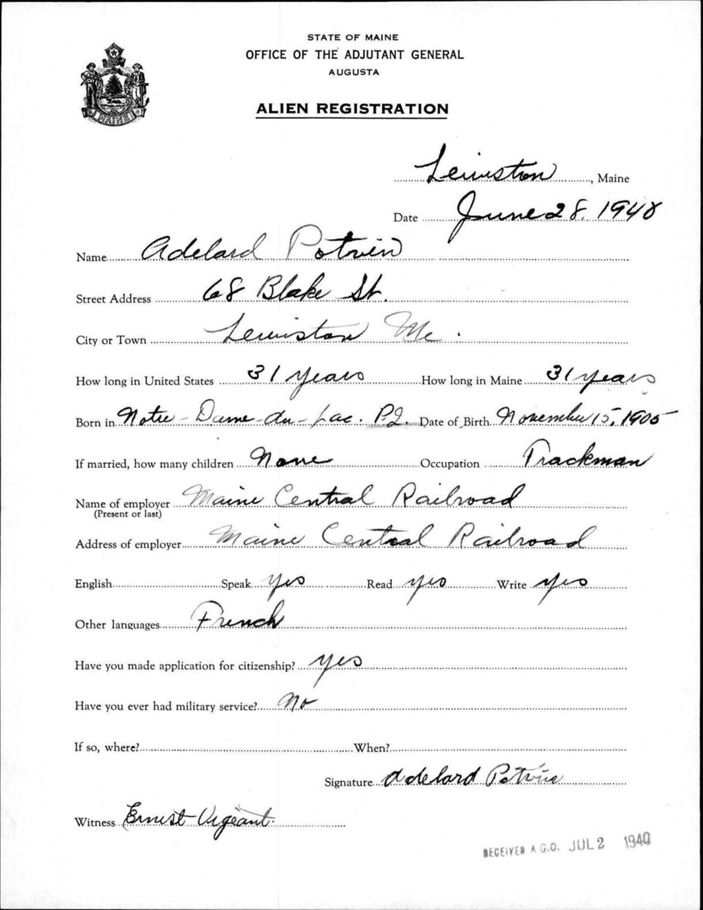 Miniature of Alien Registration- Potvin, Adelard (Lewiston, Androscoggin County)