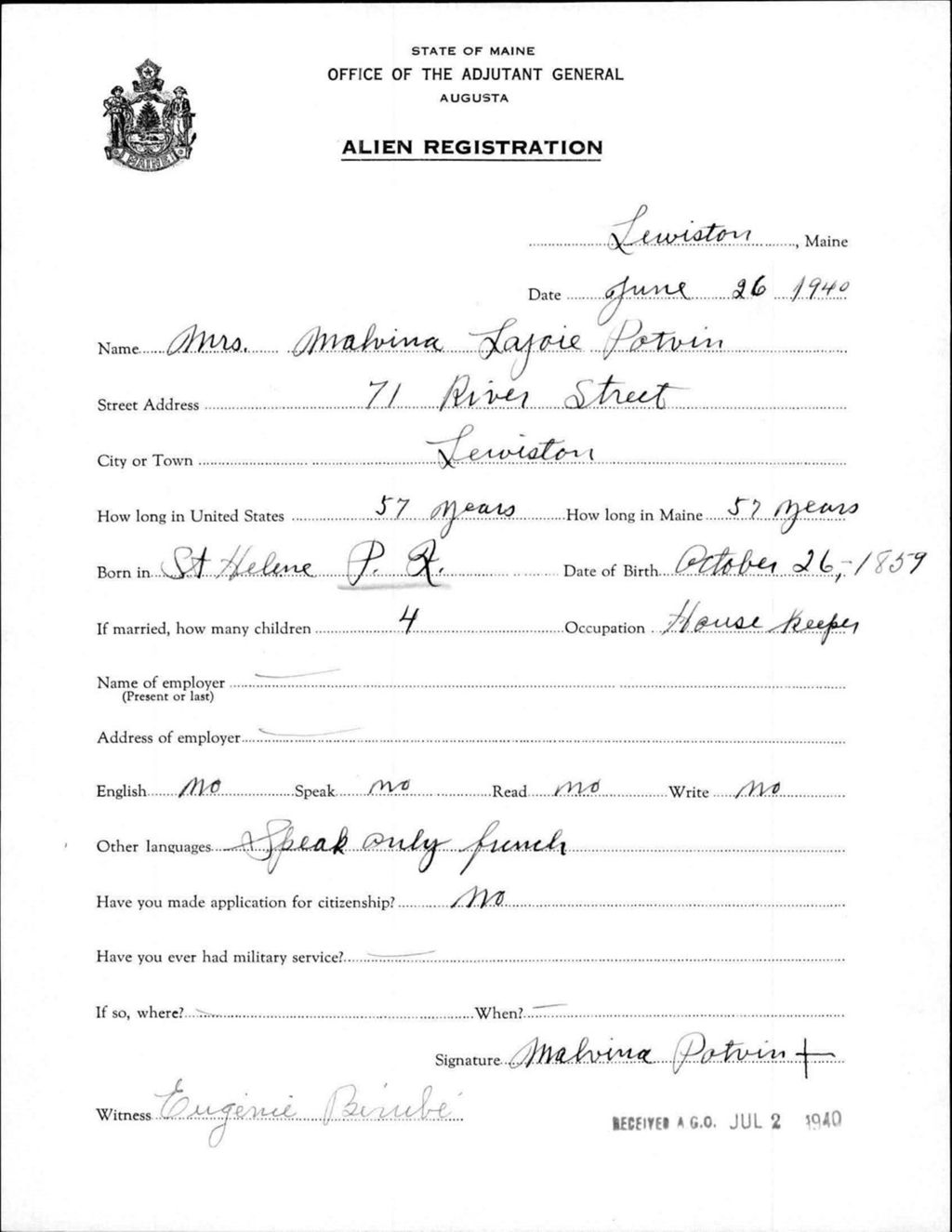 Miniature of Alien Registration- Lajoie, Malvina (Lewiston, Androscoggin County)