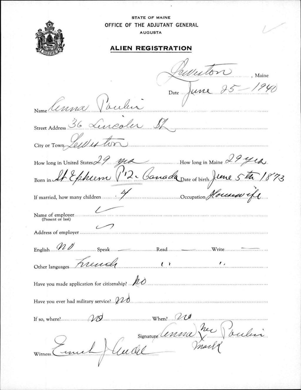 Miniature of Alien Registration- Poulin, Anna (Lewiston, Androscoggin County)