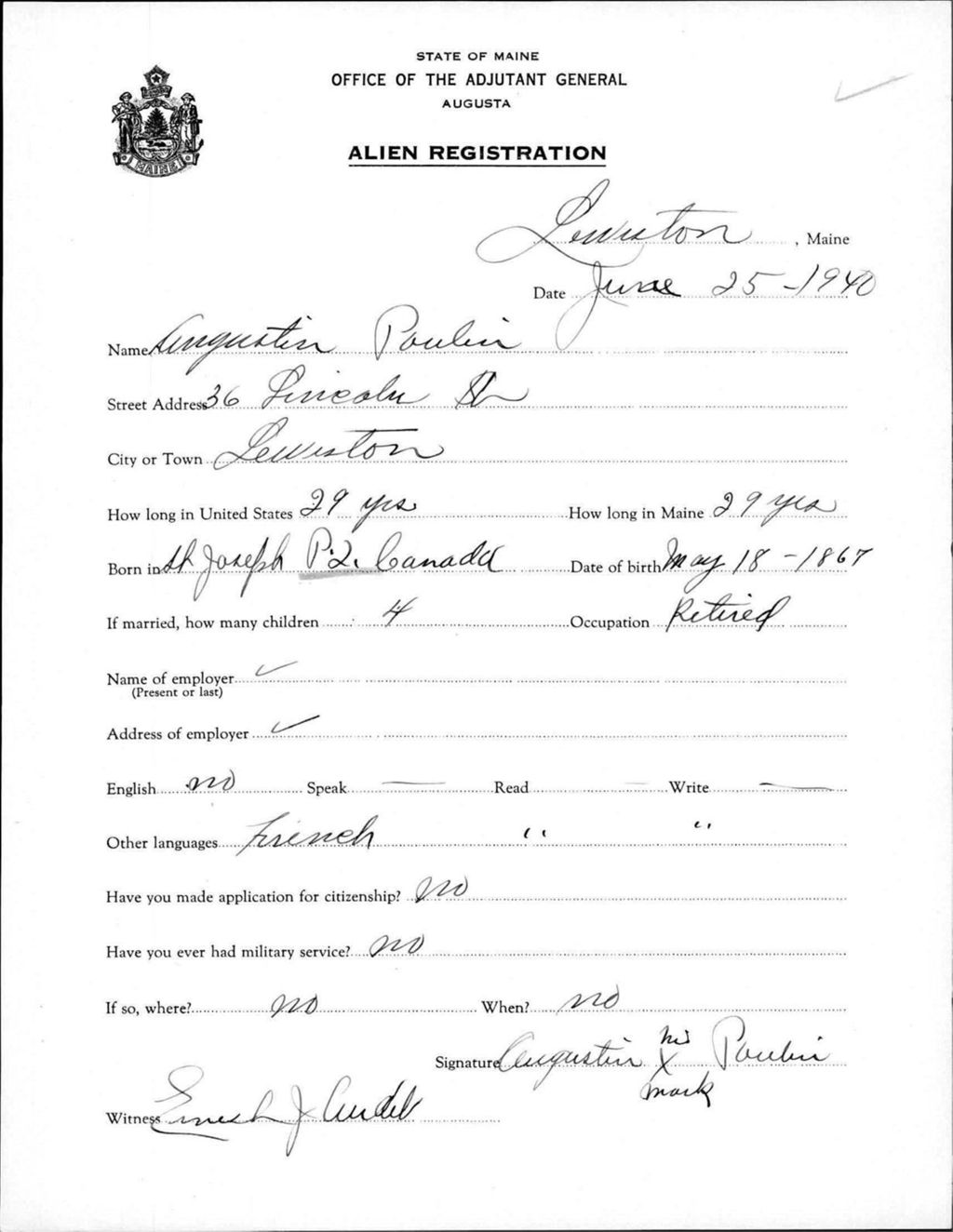 Miniature of Alien Registration- Poulin, Augustin (Lewiston, Androscoggin County)
