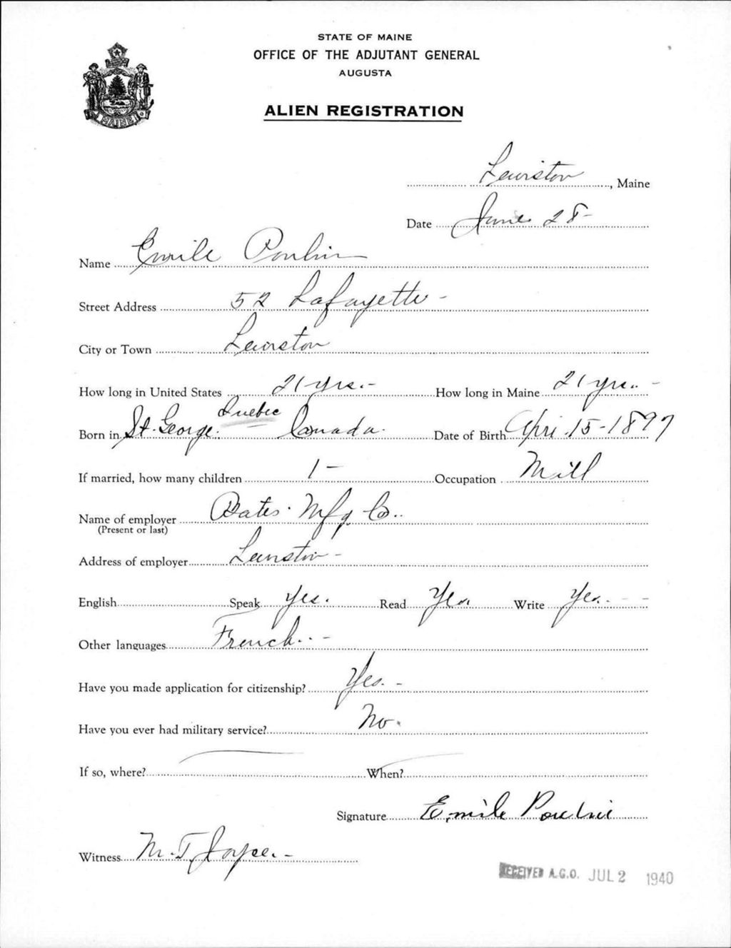 Miniature of Alien Registration- Poulin, Emile (Lewiston, Androscoggin County)