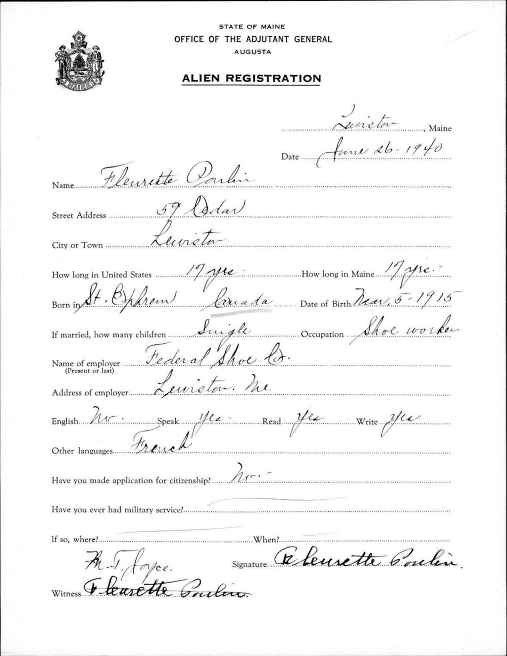 Miniature of Alien Registration- Poulin, Fleurette (Lewiston, Androscoggin County)