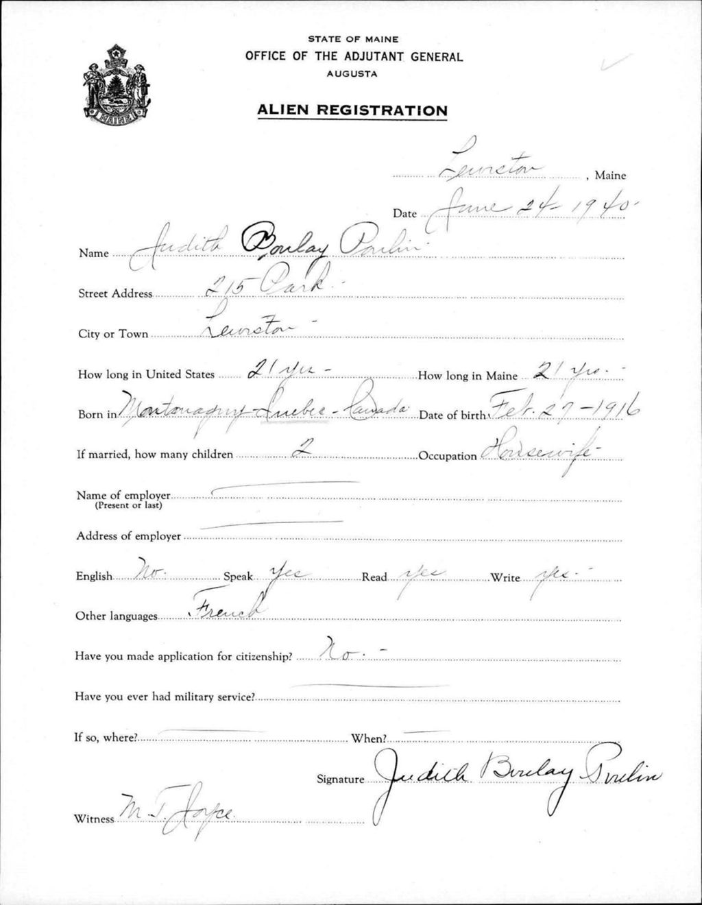 Miniature of Alien Registration- Boulay, Judith (Lewiston, Androscoggin County)