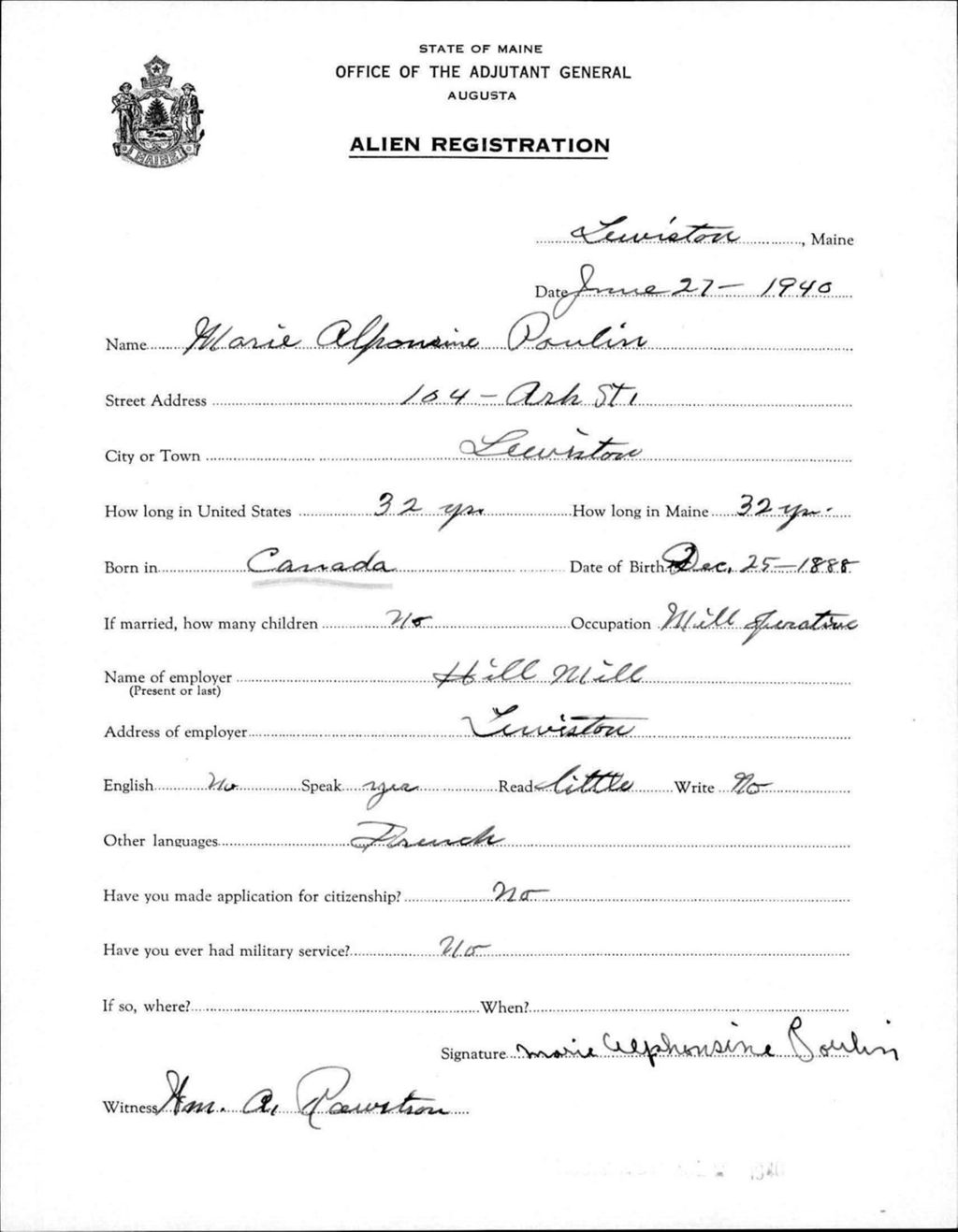 Miniature of Alien Registration- Poulin, Marie A. (Lewiston, Androscoggin County)