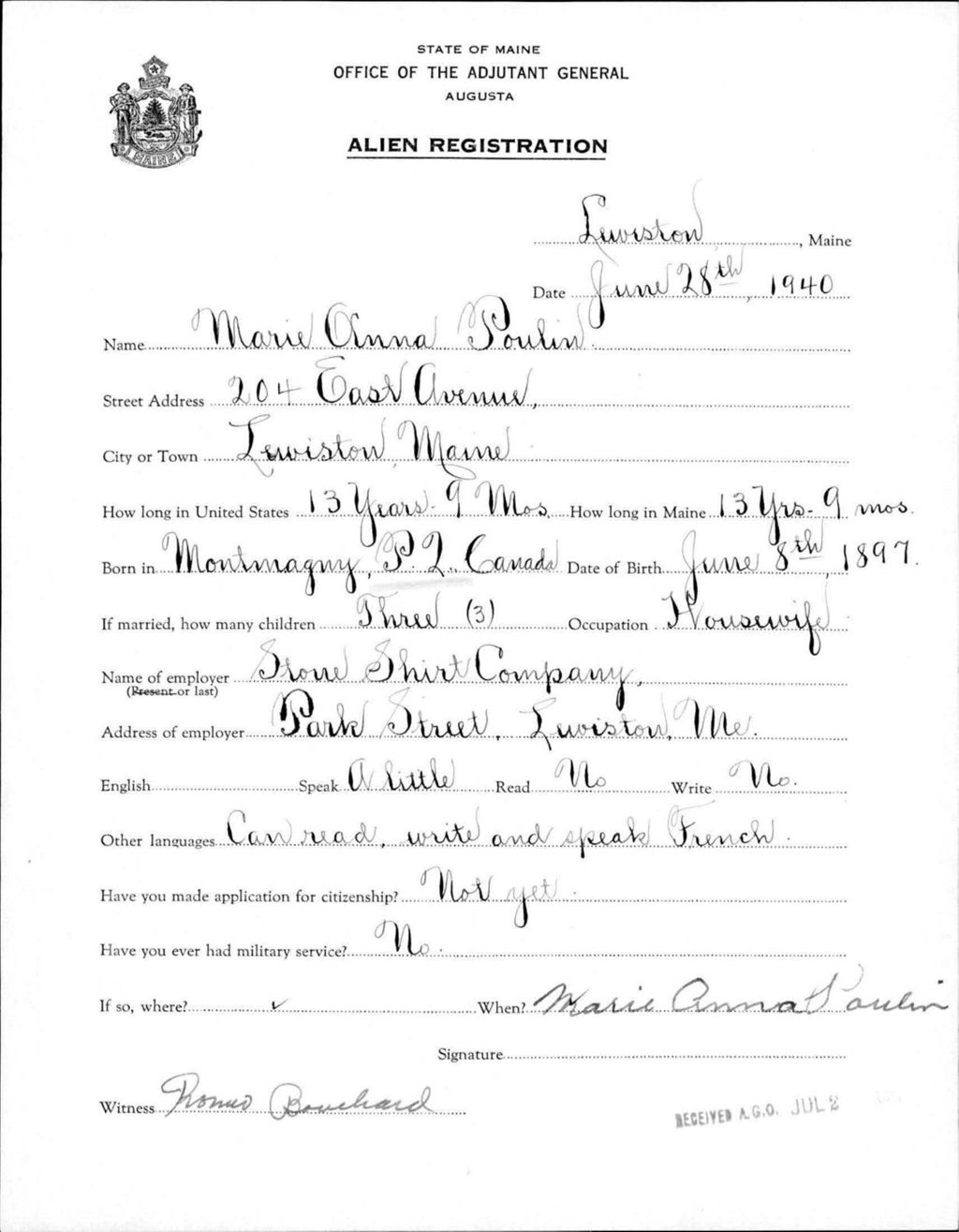 Miniature of Alien Registration- Poulin, Marie Anna (Lewiston, Androscoggin County)