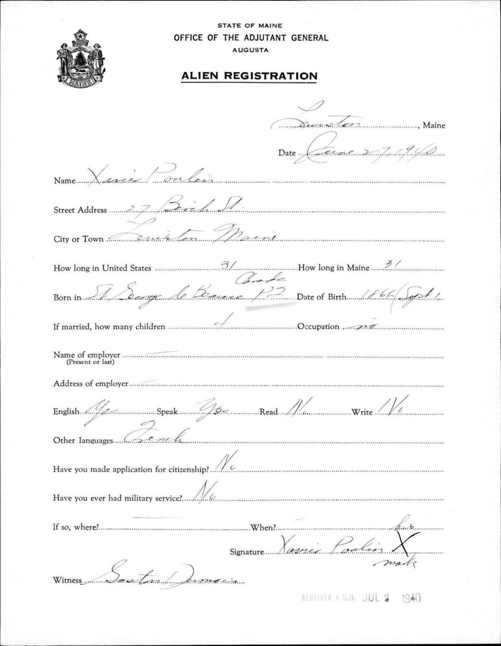 Miniature of Alien Registration- Poulin, Xavier (Lewiston, Androscoggin County)