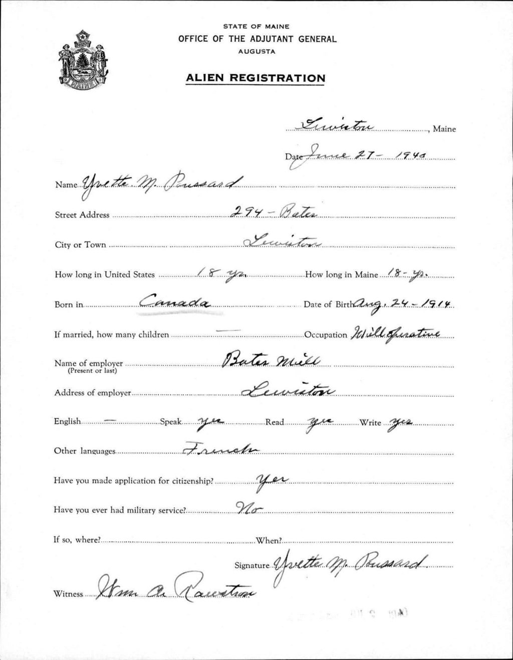 Miniature of Alien Registration- Poussard, Yvette M. (Lewiston, Androscoggin County)