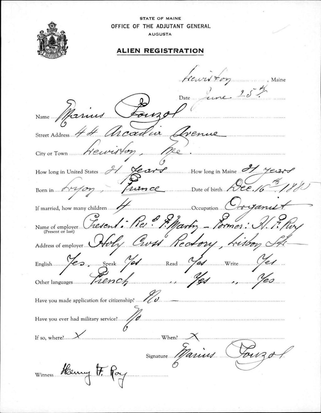 Miniature of Alien Registration- Pouzol, Marius (Lewiston, Androscoggin County)