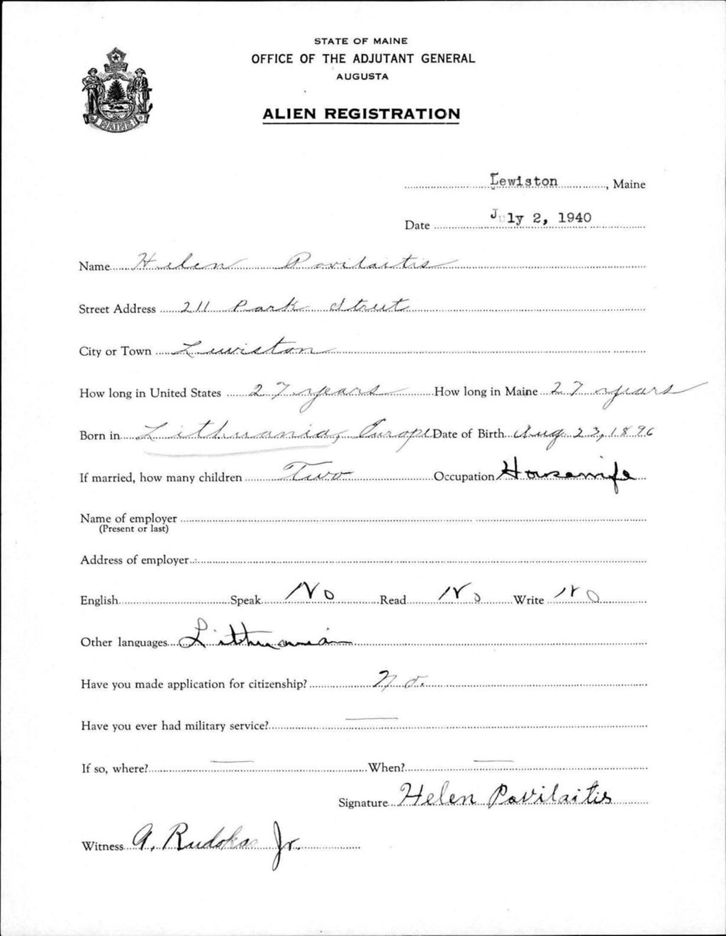 Miniature of Alien Registration- Povilaitis, Helen (Lewiston, Androscoggin County)