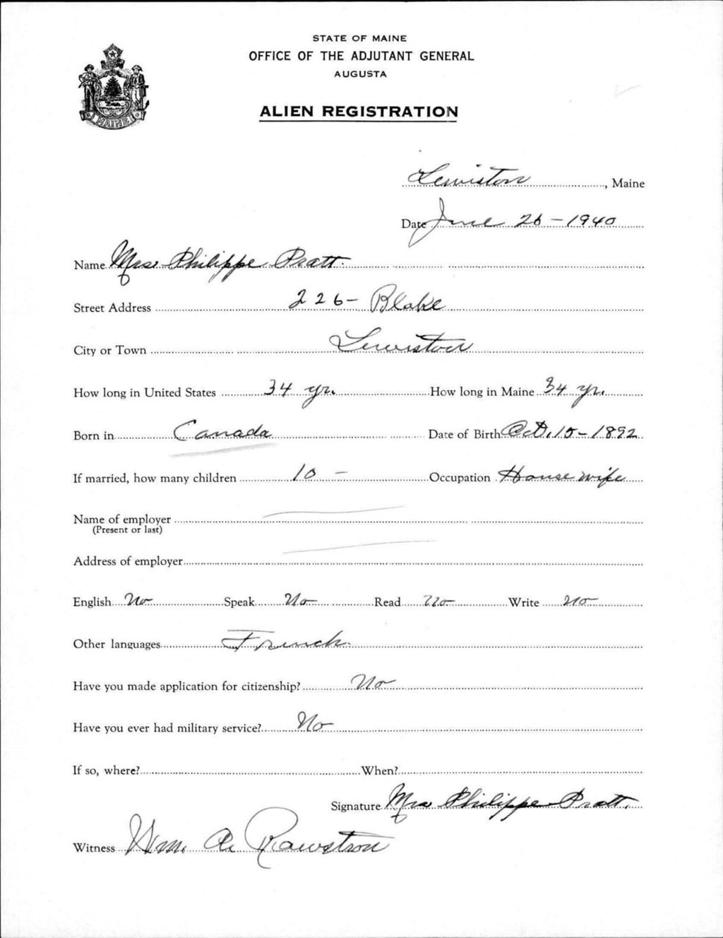 Miniature of Alien Registration- Pratt, Philippe (Lewiston, Androscoggin County)
