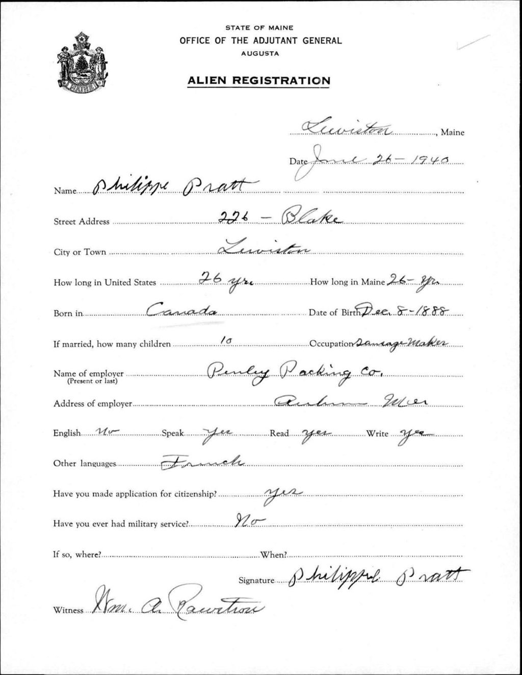 Miniature of Alien Registration- Pratt, Philippe (Lewiston, Androscoggin County)