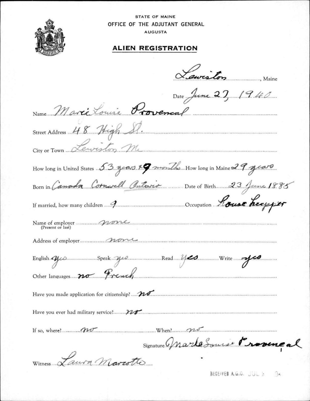 Miniature of Alien Registration- Provencal, Marie L. (Lewiston, Androscoggin County)