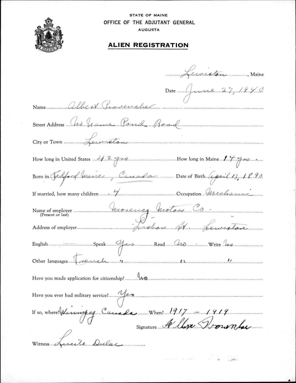 Miniature of Alien Registration- Provencher, Albert (Lewiston, Androscoggin County)