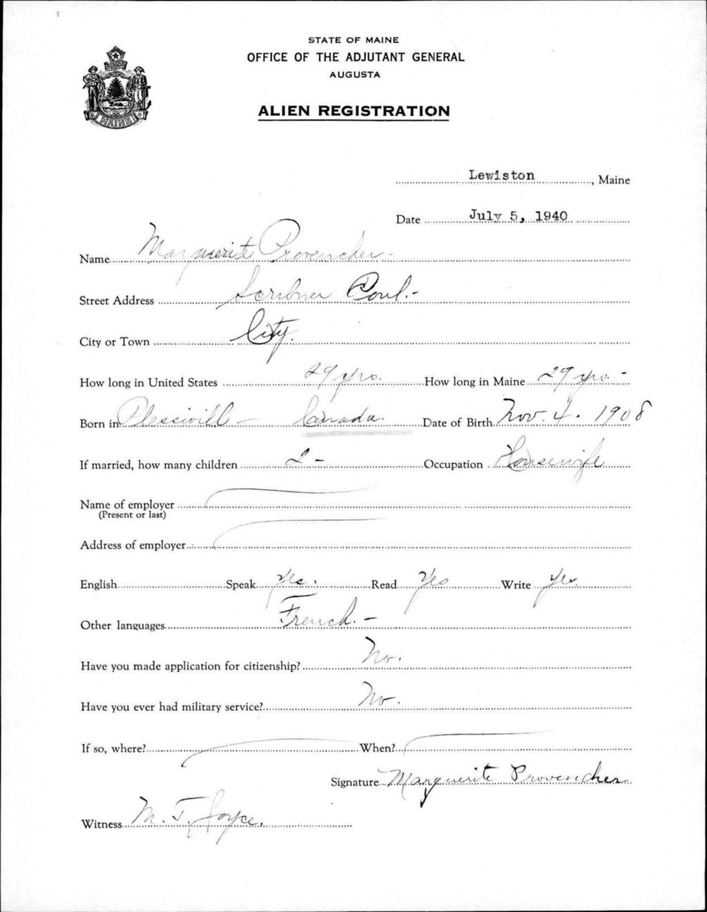 Miniature of Alien Registration- Provencher, Marguerite (Lewiston, Androscoggin County)