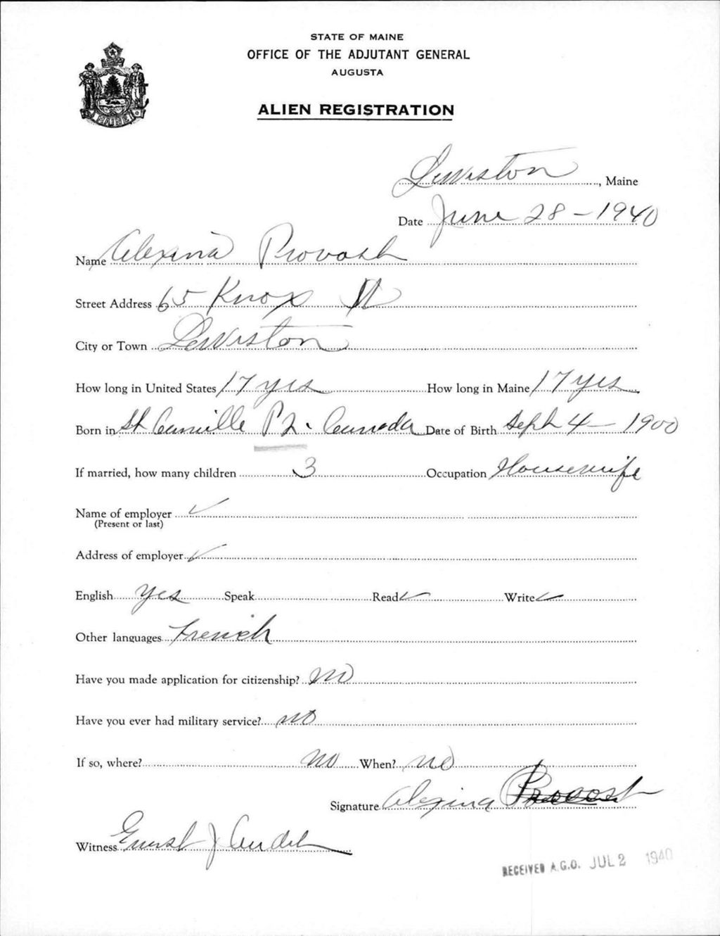 Miniature of Alien Registration- Provost, Alexina (Lewiston, Androscoggin County)