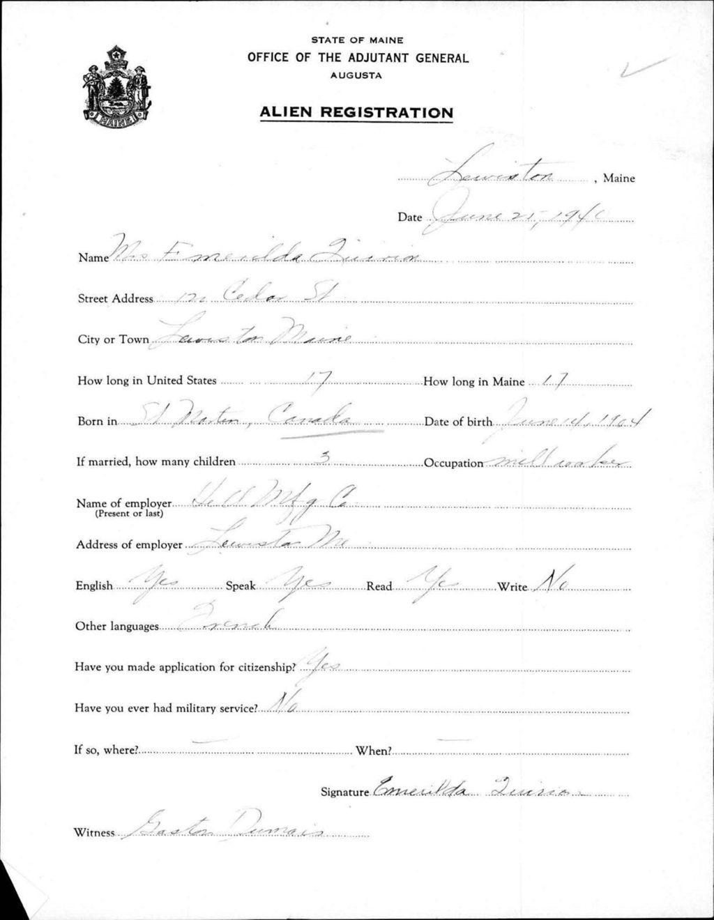 Miniature of Alien Registration- Quirion, Emerilda (Lewiston, Androscoggin County)