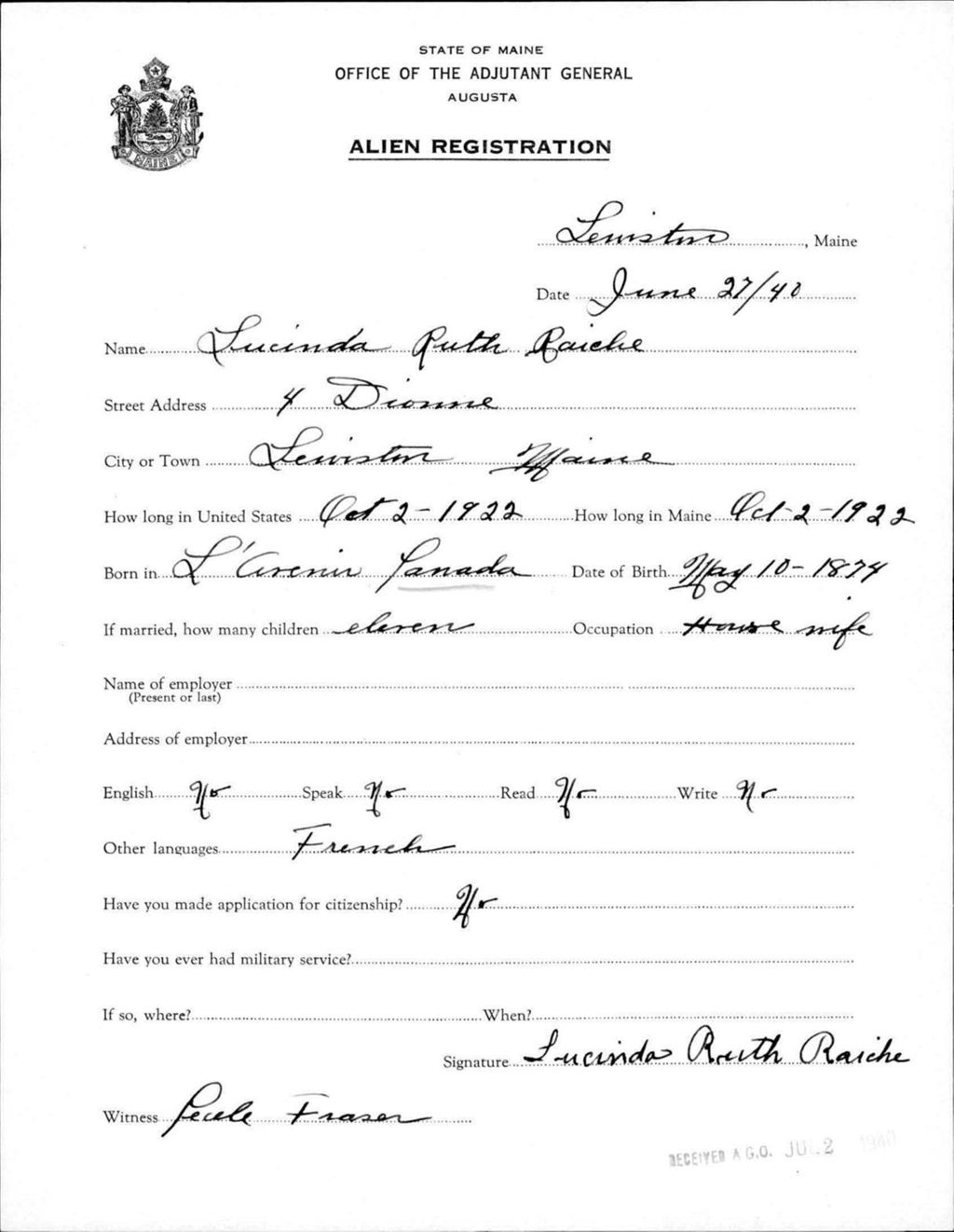 Miniature of Alien Registration- Raiche, Lucinda R. (Lewiston, Androscoggin County)