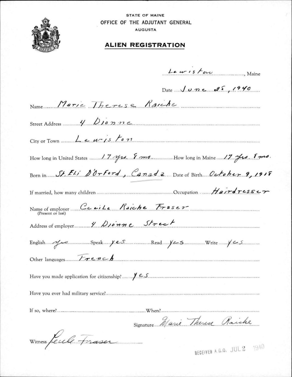 Miniature of Alien Registration- Raiche, Marie T. (Lewiston, Androscoggin County)