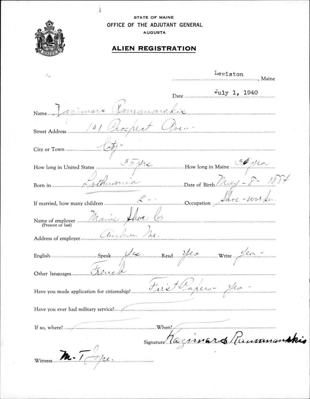 Miniature of Alien Registration- Ramananskis, Kazimare (Lewiston, Androscoggin County)