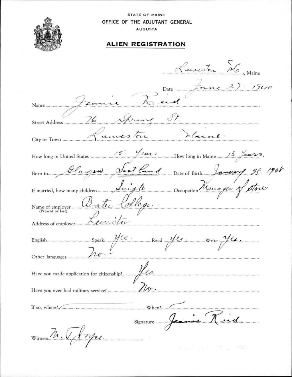 Miniature of Alien Registration- Reid, Jeanie (Lewiston, Androscoggin County)