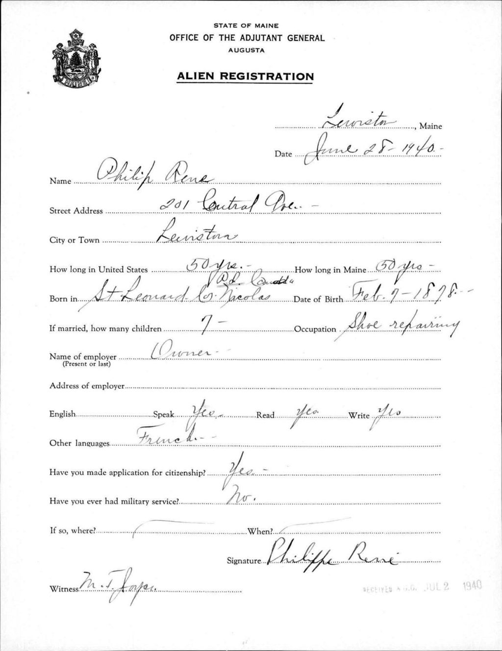 Miniature of Alien Registration- Rene, Philip (Lewiston, Androscoggin County)